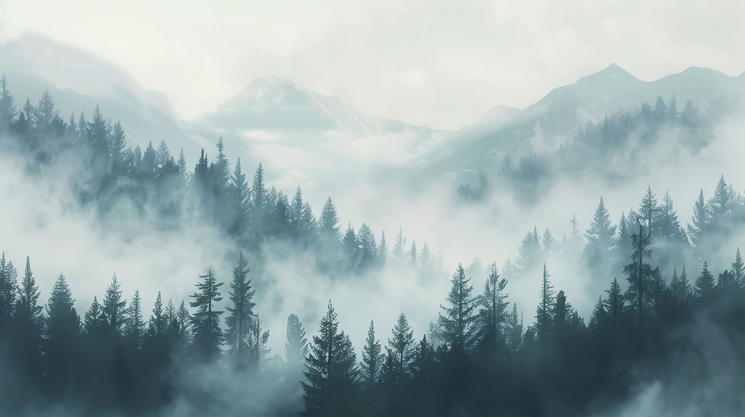 Watercolor Blue Forest and Mountains Mural, Peel and Stick Pine Forest Wallpaper, Soft Blue Nursery Removable Nature Wall Decor