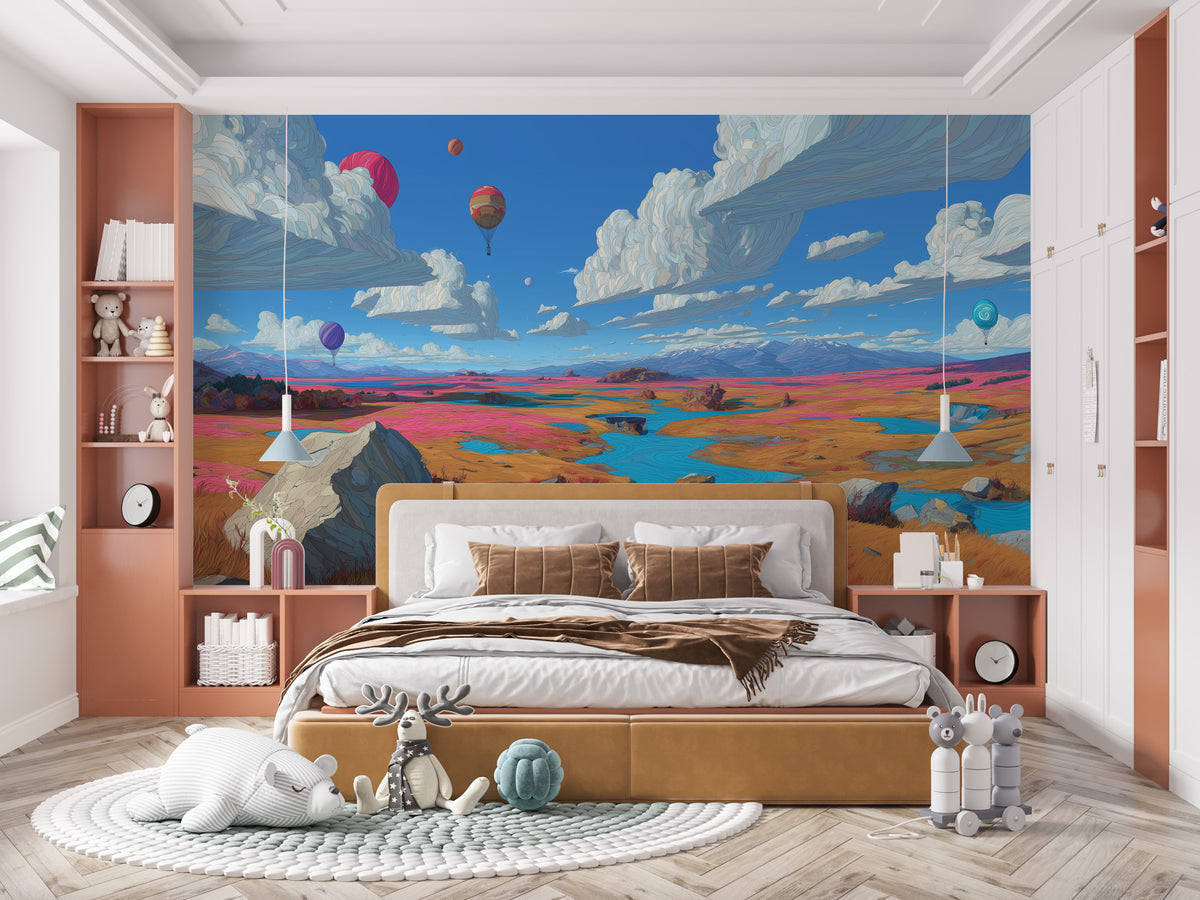 Surreal Wall Mural - Hot Air Balloon Art | Colorful Landscape, Blue River, Pink Orange Fields, Dream Clouds, Peel and Stick Fantasy Wall Art