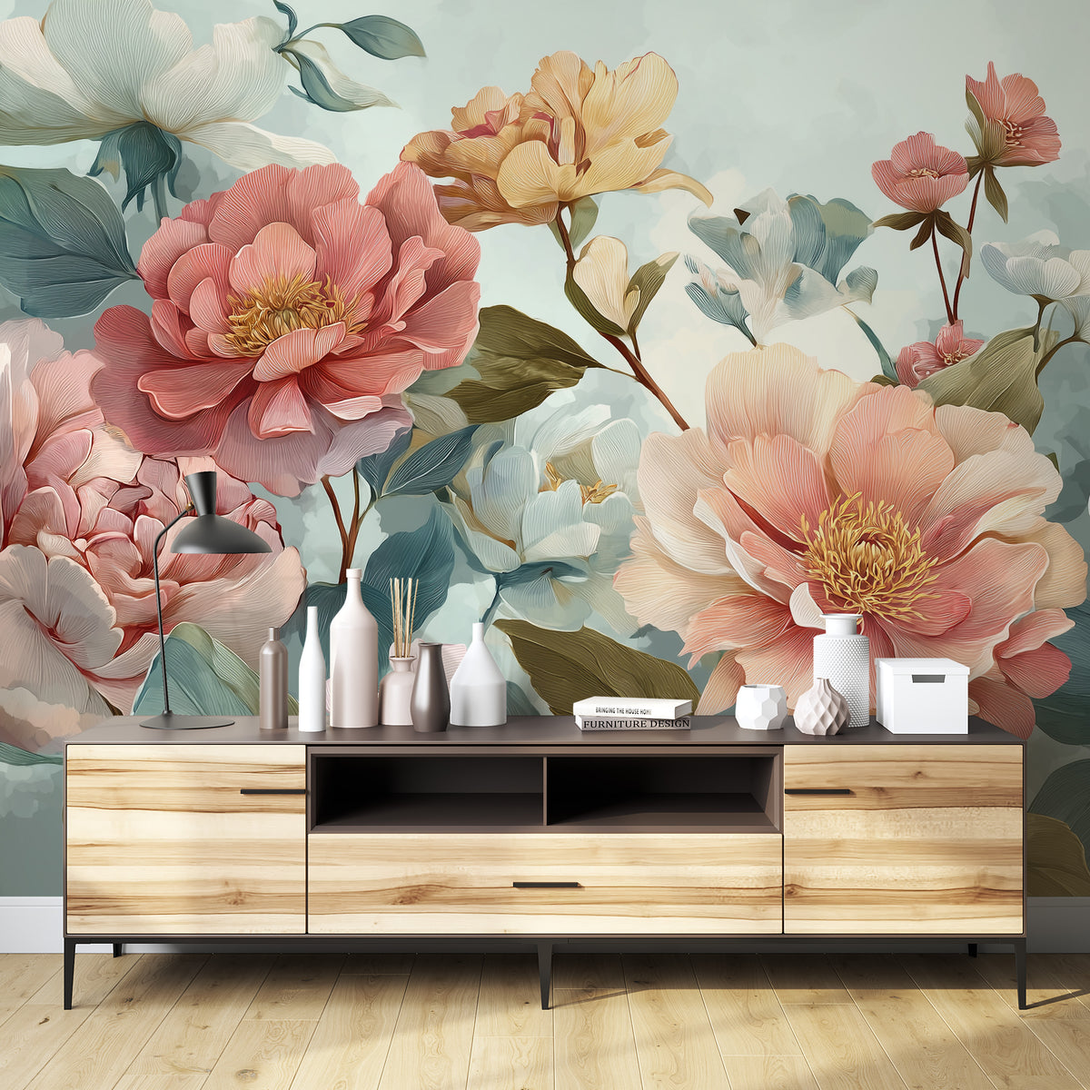 Peony Wall Mural - Pastel Floral Art | Pink Green Decor, Large Peonies, Elegant Botanicals, Peel and Stick Mural, Romantic Floral Wall Decor