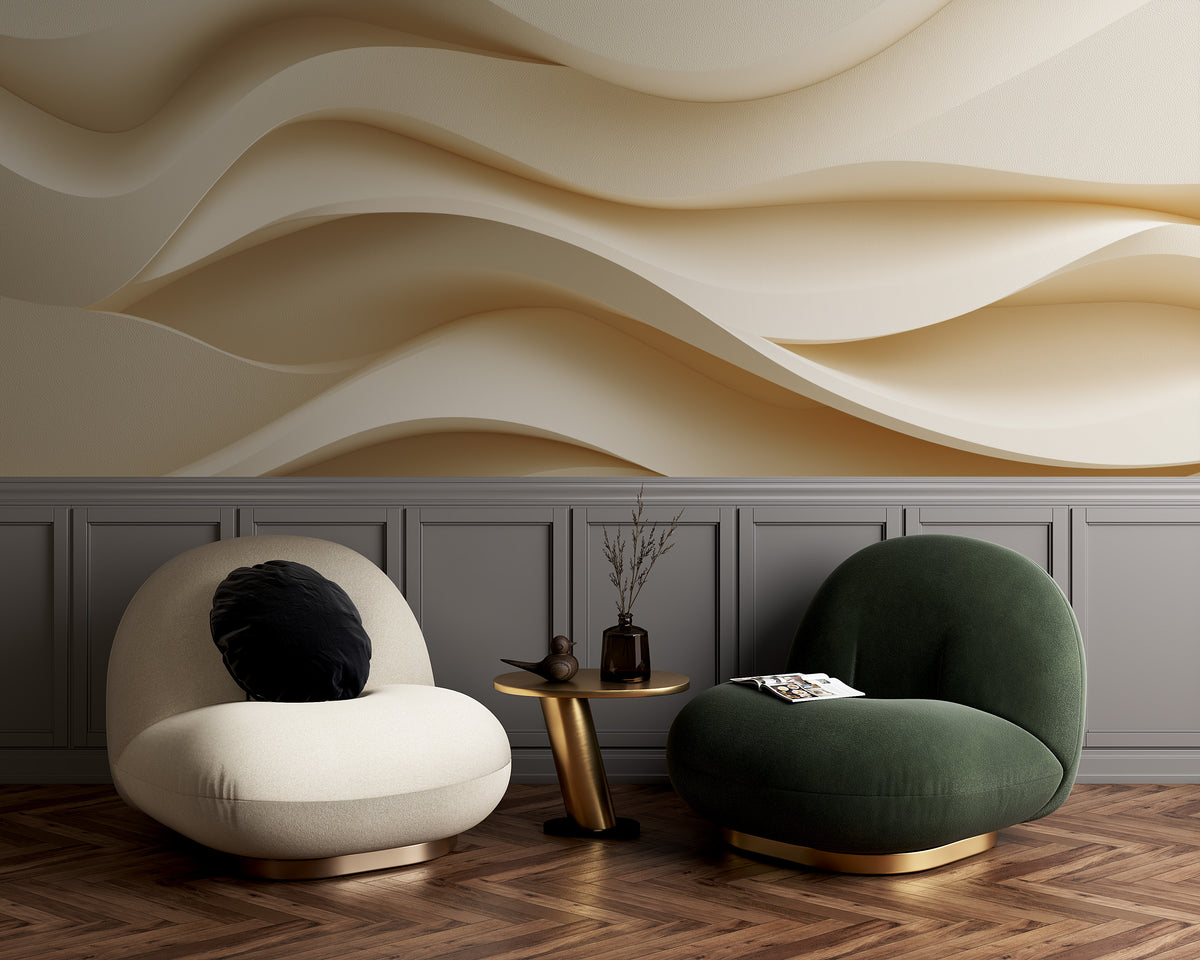Beige Wall Mural - Abstract Wave Art | Neutral Wall Decor - Textured 3D Waves, Minimalist Organic Modern Peel and Stick Mural, Cream Decor