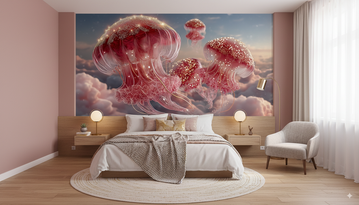 Surreal Jellyfish - Pink Dreamscape | Fantasy Wall Decor - Floating Jellyfish, Gold Sparkles, Cloudscape, Peel and Stick Bedroom Wall Mural