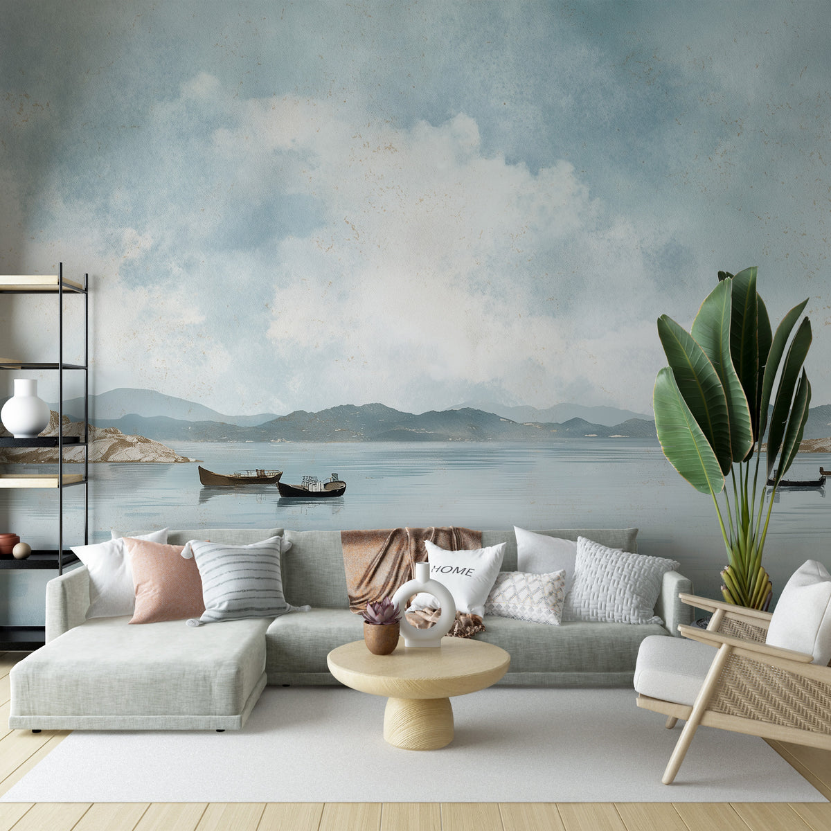 Coastal Wall Mural - Watercolor Mural | Ocean Landscape - Blue Seascape with Boats Mountains and Soft Horizon Peel and Stick Mural