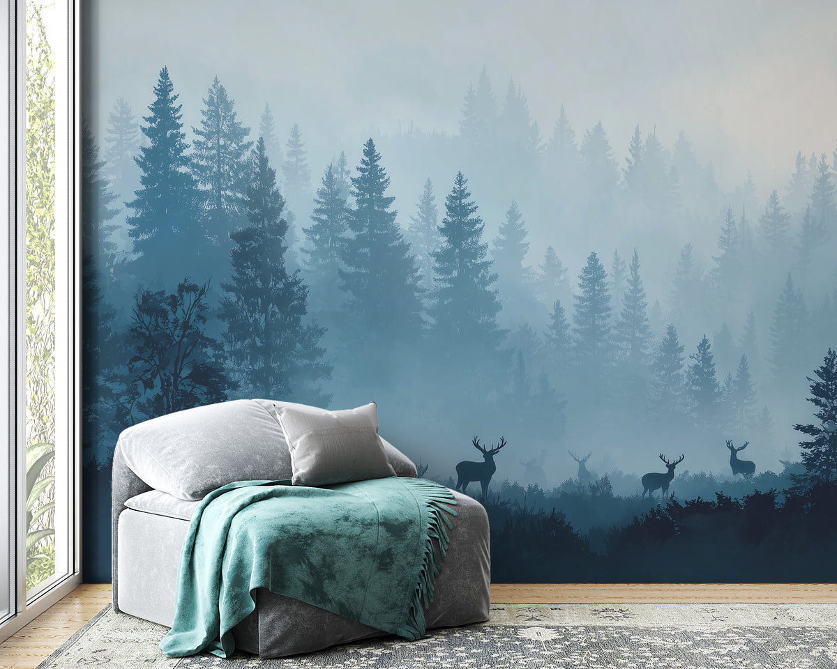Forest Wall Mural - Misty Forest Mural | Deer Wall Mural - Blue Woodland Pine Landscape with Deer Silhouettes Peel and Stick Mural