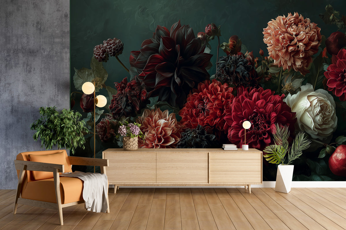 Dark Floral Mural - Dahlia Wall Mural | Moody Floral - Burgundy Red Dahlias and Cream Roses Botanical Peel and Stick Mural