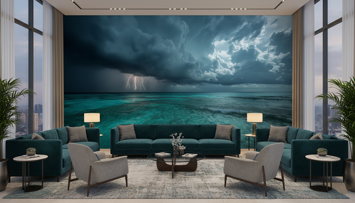 Tropical Storm Wall Mural | Lightning Over Turquoise Ocean, Moody Coastal Peel and Stick Mural, Dramatic Beach Wall Decor