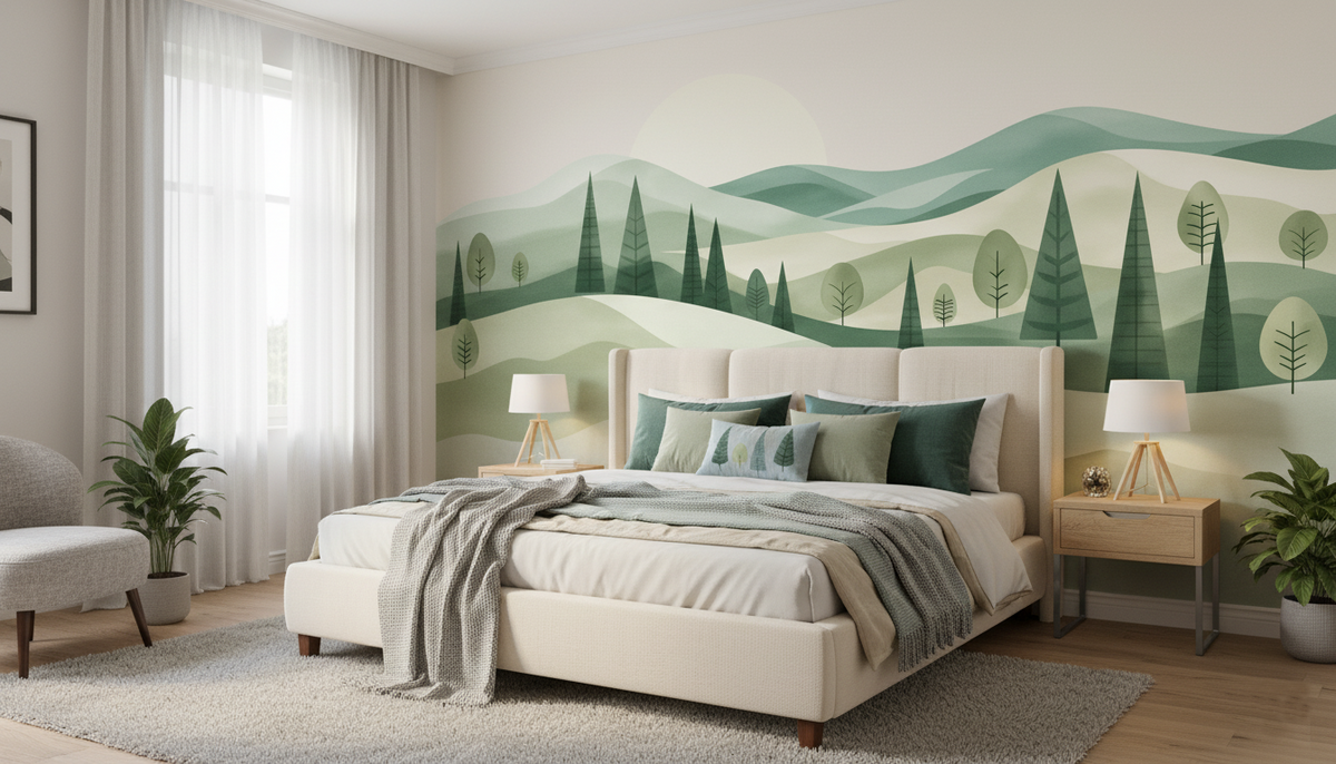 Mid Century Modern Landscape Wall Mural | Abstract Green Hills and Trees, Minimalist Nature Peel and Stick Mural, Bedroom Living Room Decor
