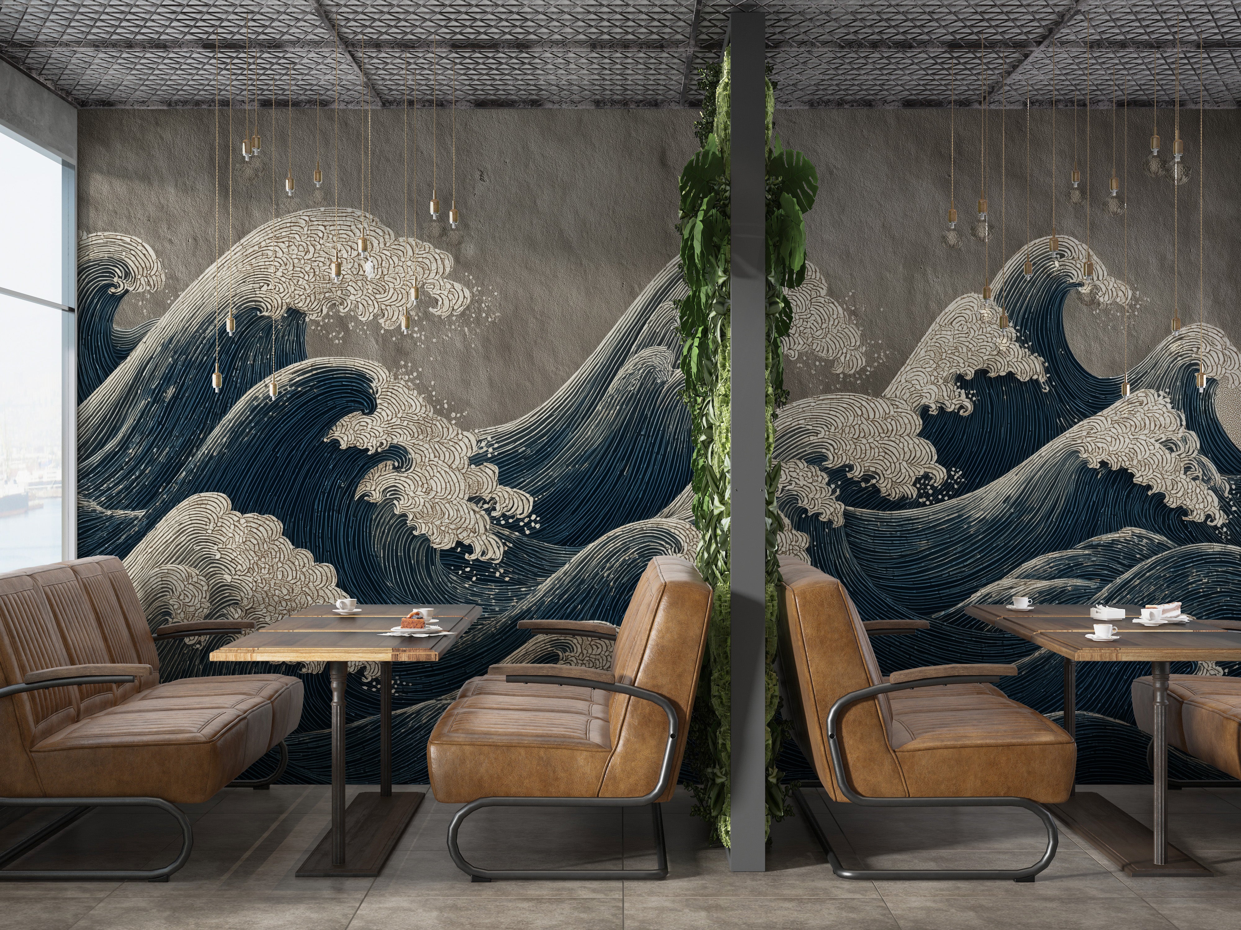 Japanese ocean waves mural in a navy blue cream palette on a cafe wall, bold wave pattern with cream foam, seating area