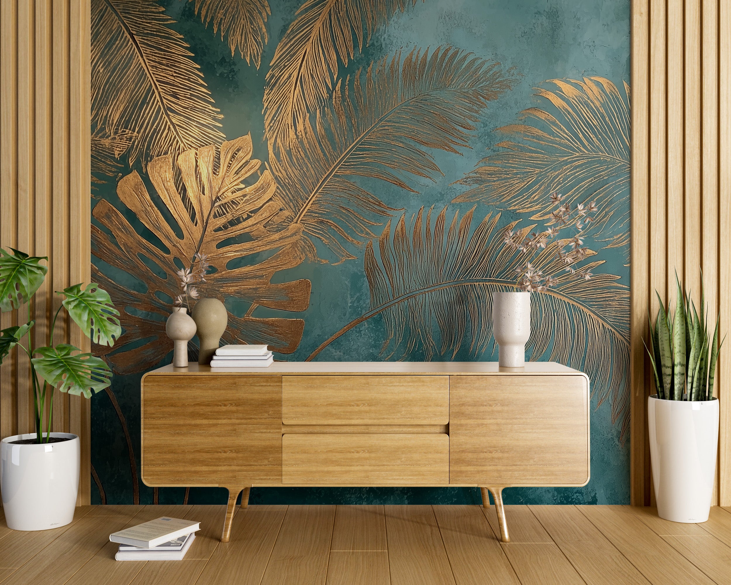 Tropical palm leaves mural in teal and gold tones behind a wooden sideboard in a modern living room with potted plants