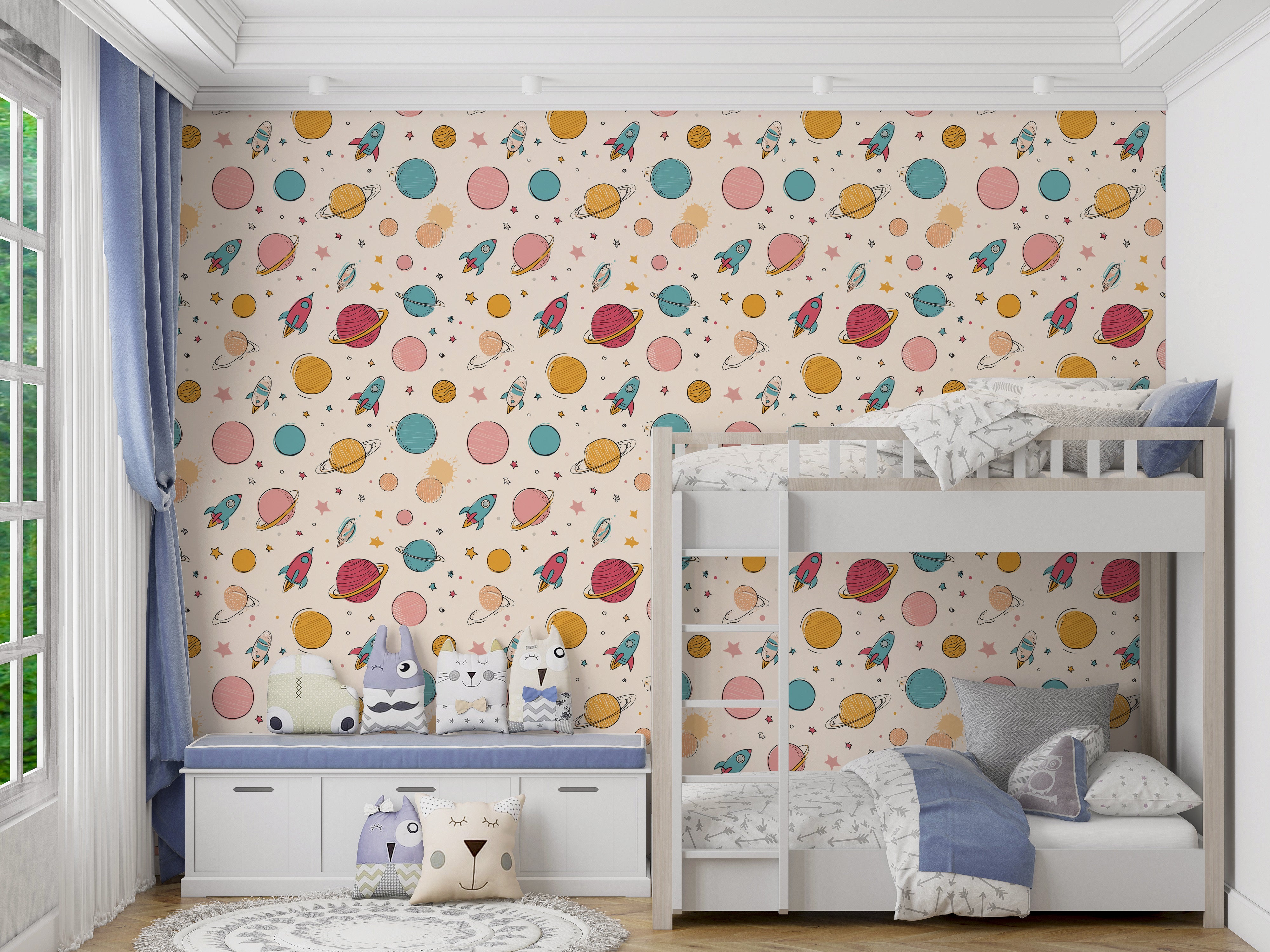 Space adventure wallpaper in a kids bedroom with pastel planets rockets and stars on a light background, featuring a bunk bed