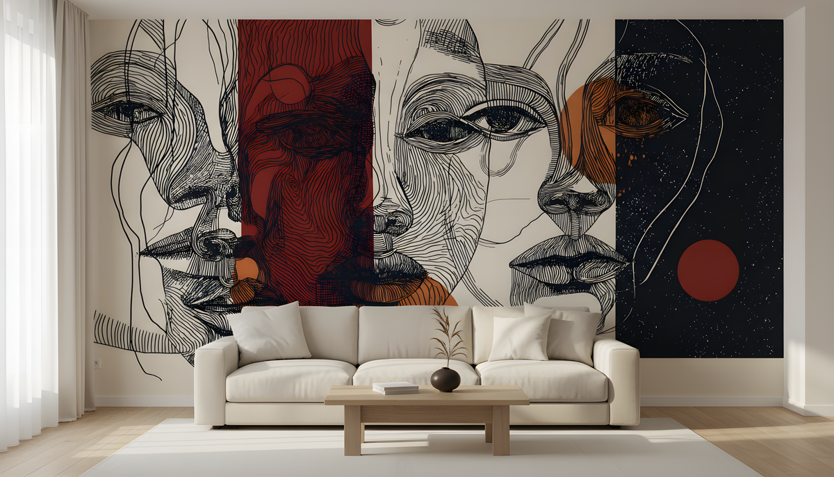 Abstract Faces Wall Mural | Black Rust Beige Line Art Portraits, Modern Geometric Peel and Stick Mural, Contemporary Living Room Decor