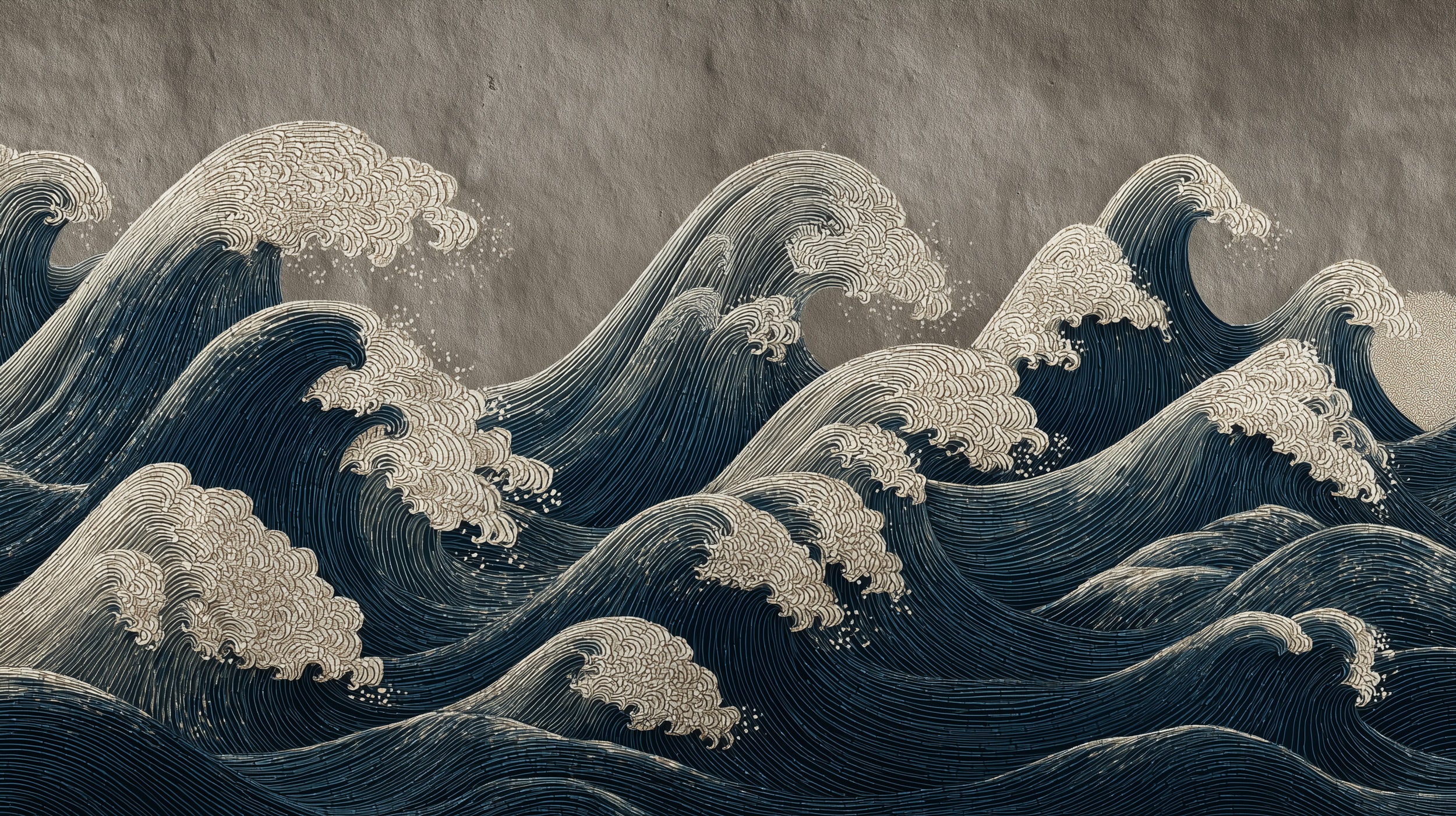 Japanese ocean waves mural in navy blue cream with traditional woodblock-inspired, large waves pattern for living room decor