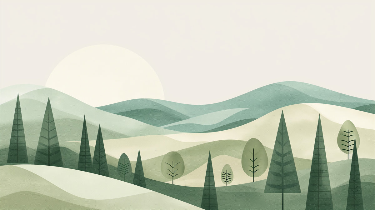 Mid Century Modern Landscape Wall Mural | Abstract Green Hills and Trees, Minimalist Nature Peel and Stick Mural, Bedroom Living Room Decor