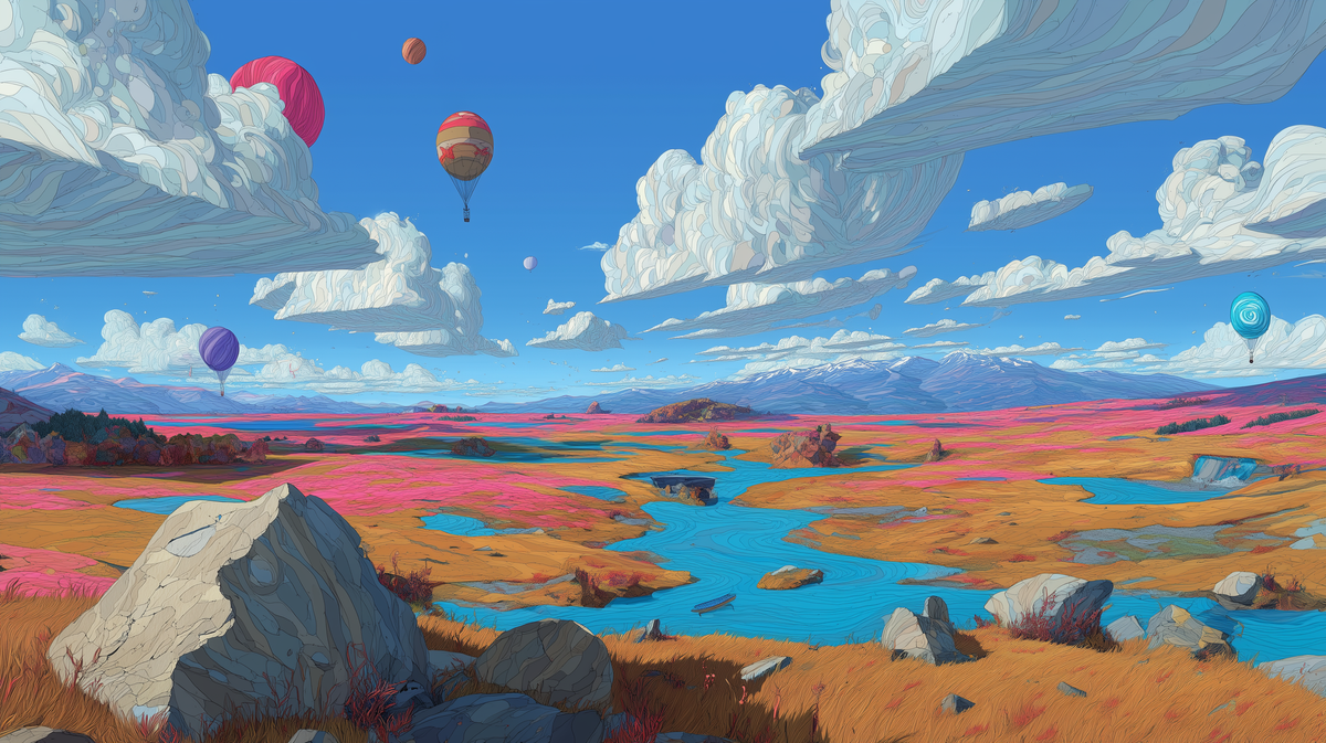 Surreal Wall Mural - Hot Air Balloon Art | Colorful Landscape, Blue River, Pink Orange Fields, Dream Clouds, Peel and Stick Fantasy Wall Art