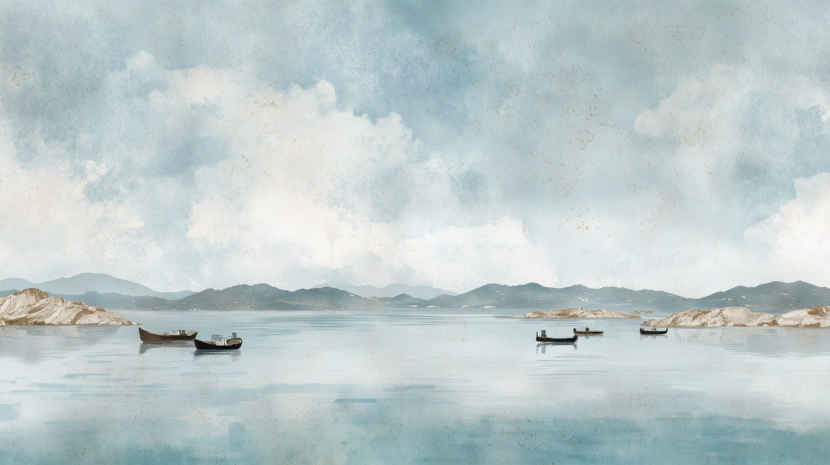 Coastal Wall Mural - Watercolor Mural | Ocean Landscape - Blue Seascape with Boats Mountains and Soft Horizon Peel and Stick Mural