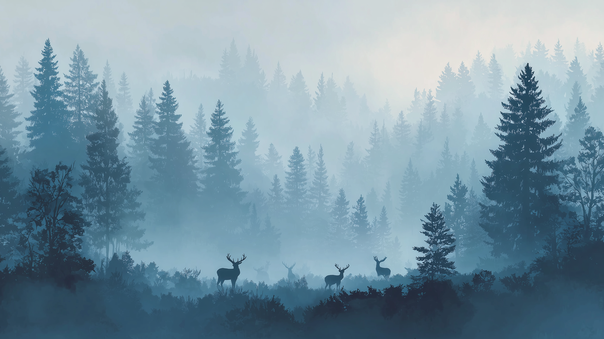 Forest Wall Mural - Misty Forest Mural | Deer Wall Mural - Blue Woodland Pine Landscape with Deer Silhouettes Peel and Stick Mural