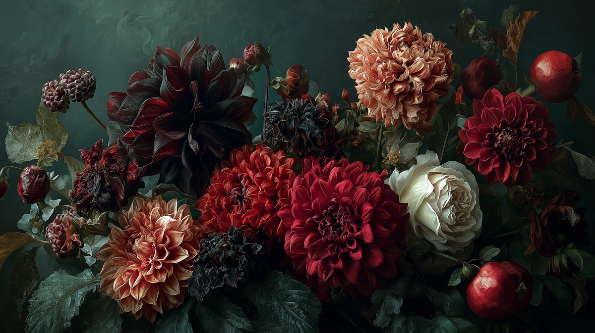 Dark Floral Mural - Dahlia Wall Mural | Moody Floral - Burgundy Red Dahlias and Cream Roses Botanical Peel and Stick Mural