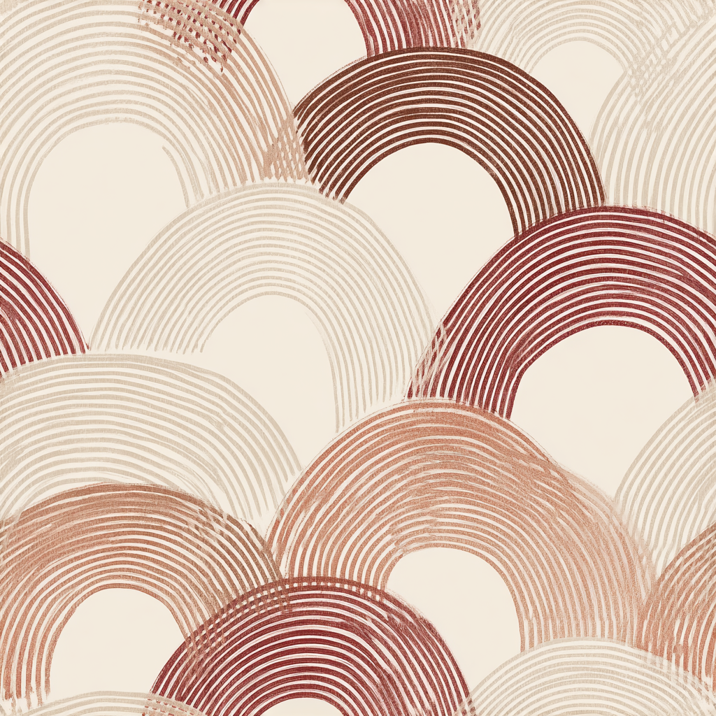 Pattern of interlocking circular shapes in red and beige on a light background