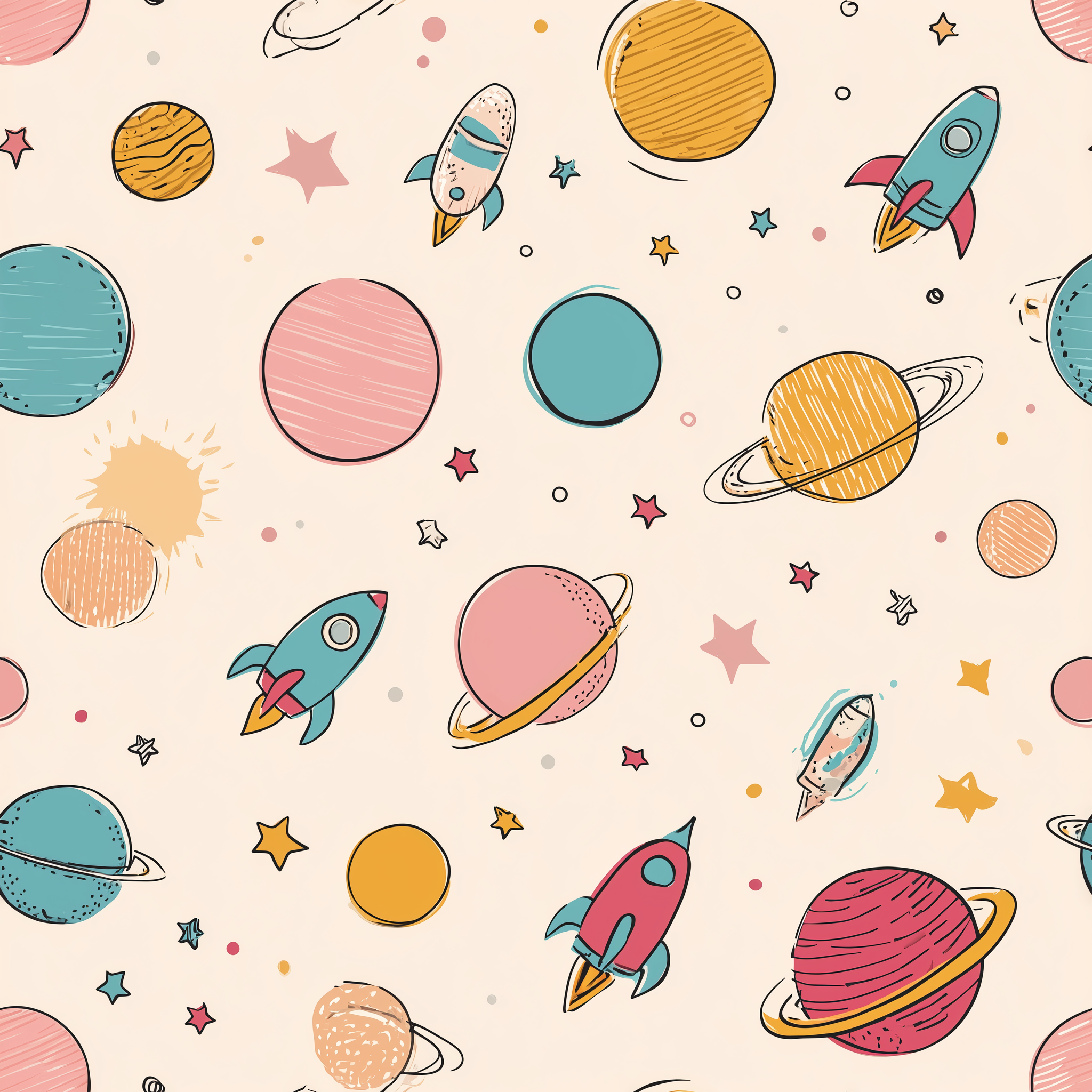 Space Adventure pattern wallpaper with planets rockets and stars in pastel hues for kids room, peel and stick self-adhesive n