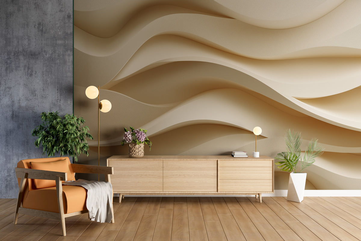 Beige Wall Mural - Abstract Wave Art | Neutral Wall Decor - Textured 3D Waves, Minimalist Organic Modern Peel and Stick Mural, Cream Decor