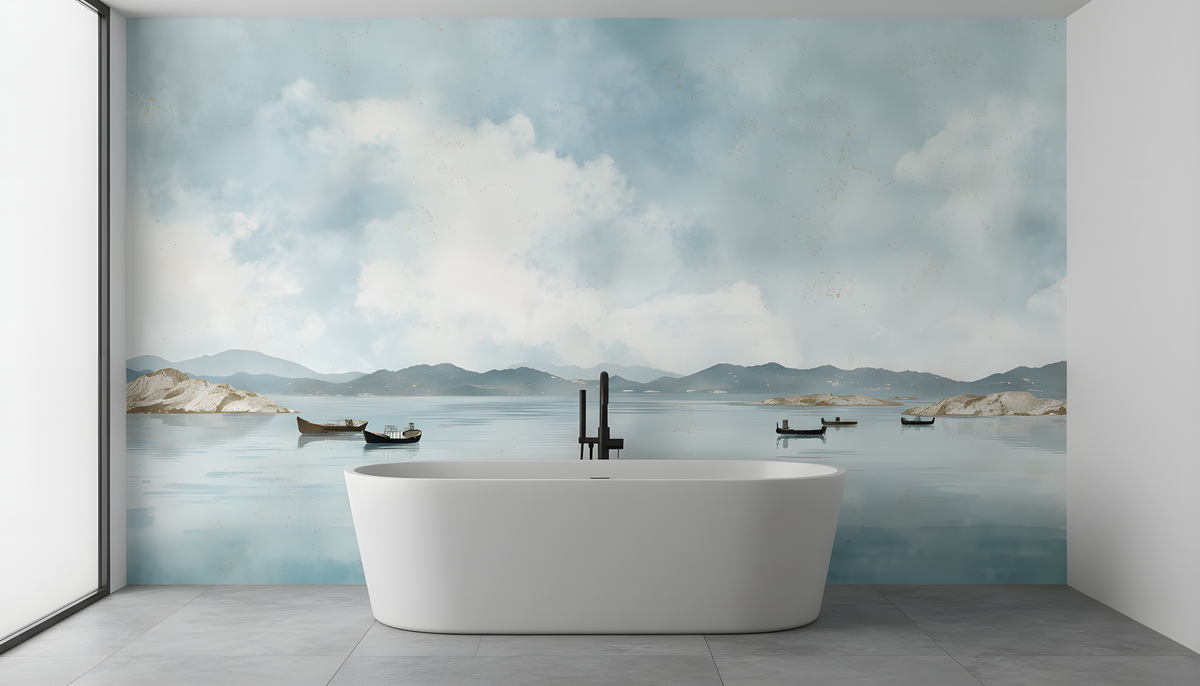 Coastal Wall Mural - Watercolor Mural | Ocean Landscape - Blue Seascape with Boats Mountains and Soft Horizon Peel and Stick Mural