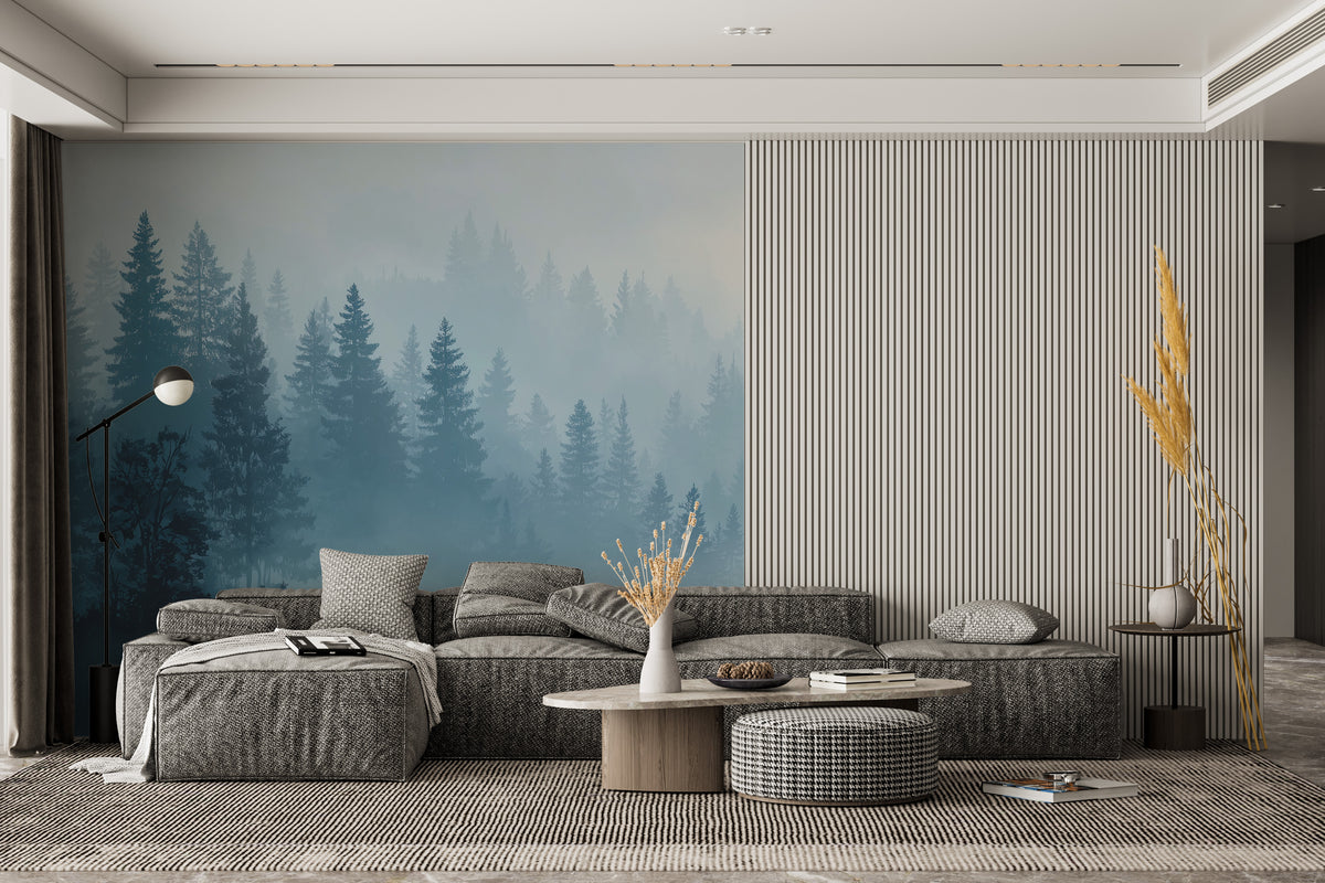 Forest Wall Mural - Misty Forest Mural | Deer Wall Mural - Blue Woodland Pine Landscape with Deer Silhouettes Peel and Stick Mural