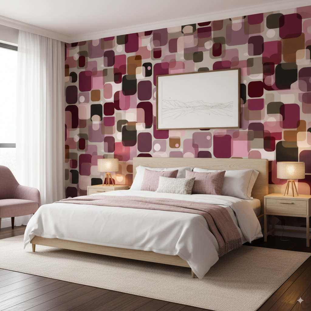 Retro Wallpaper - Geometric Wallpaper | Retro Geometric - Burgundy Pink Beige Rounded Rectangle Peel and Stick Wallpaper