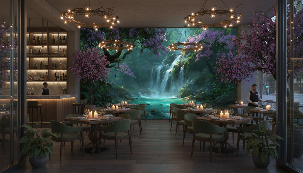 Tropical Jungle Waterfall Wall Mural | Emerald Lagoon, Purple Flowers, Moody Rainforest Peel and Stick Mural, Bedroom Bathroom Living Room Decor