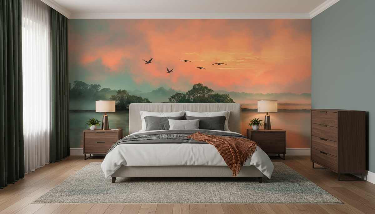 Tropical Mangrove Sunrise Wall Mural | Birds Over Calm Water, Coral Teal Landscape, Peel and Stick Mural for Living Room Bedroom Decor