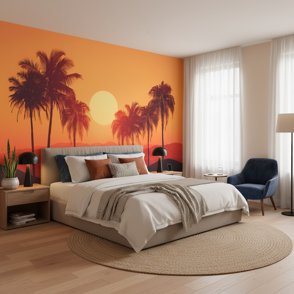 Tropical Sunset Palm Wall Mural | Retro 1960s Beach Landscape, Orange Red Palm Trees Peel and Stick Mural, Mid Century Bedroom Decor