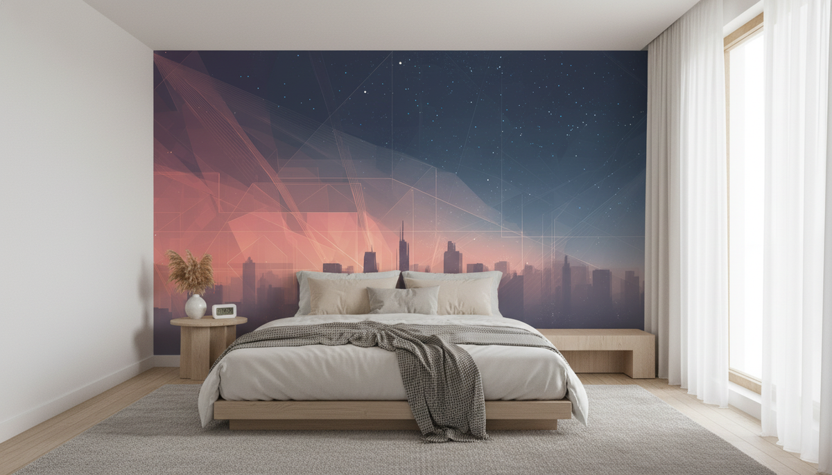 Cosmic Cityscape Wall Mural | Navy Blue Pink Futuristic Skyline, Starry Sky Neon Line Peel and Stick Mural, Modern Bedroom Office Decor