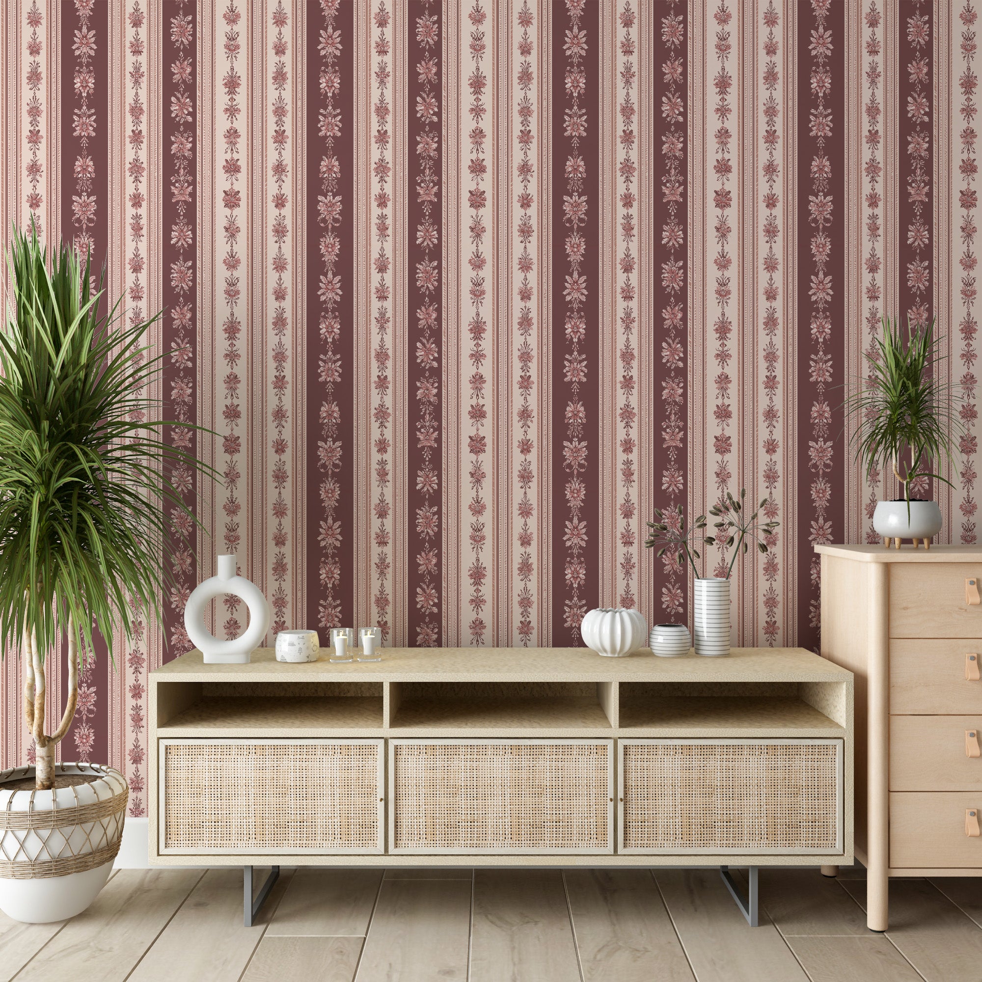 Vintage floral striped wallpaper in dusty rose and cream with damask motifs, shown in a stylish living room setting