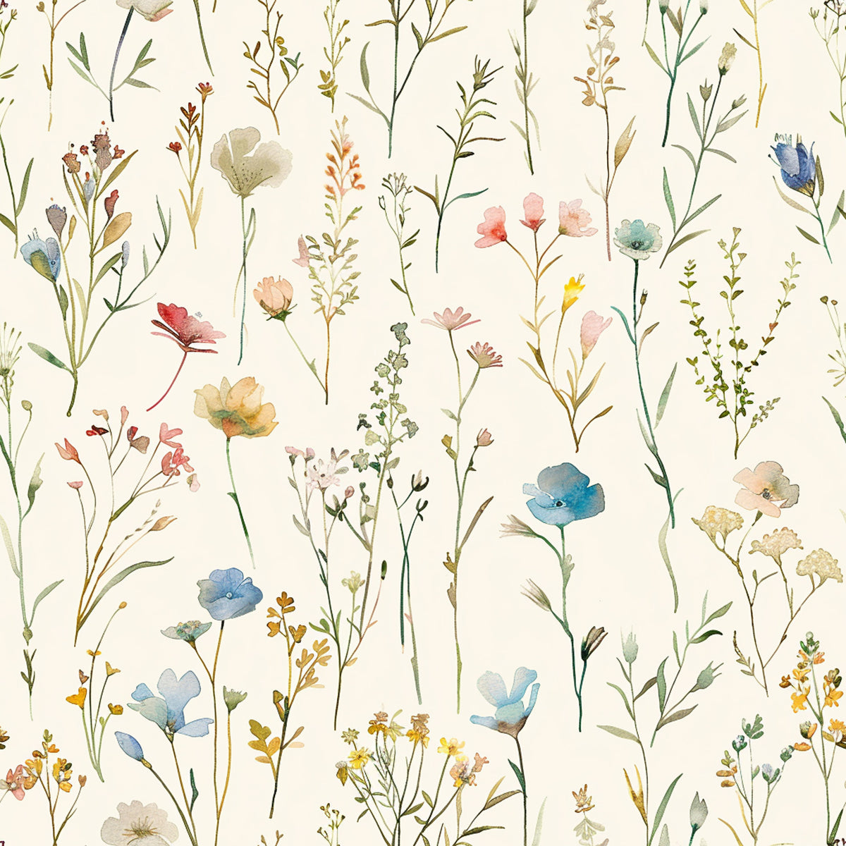 Beige Wildflower Wallpaper | Watercolor Floral Pattern, Blue Yellow Botanical Peel and Stick Wallpaper, Neutral Bedroom Nursery Decor