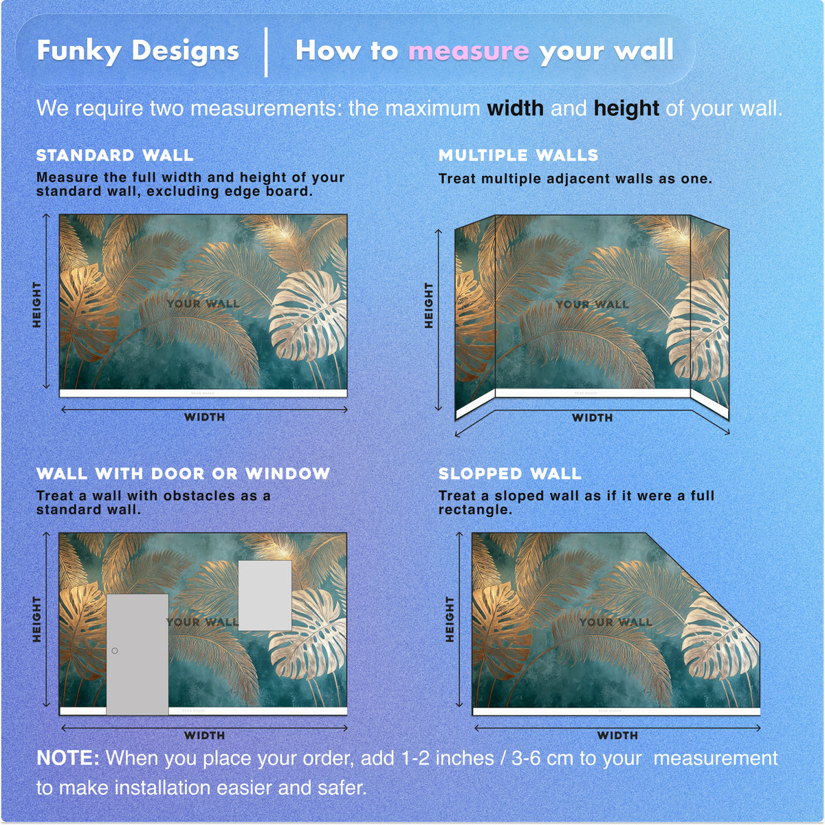 Tropical Wall Mural - Palm Leaf Mural | Gold Palm Mural - Teal Botanical Monstera and Palm Leaves Peel and Stick Mural