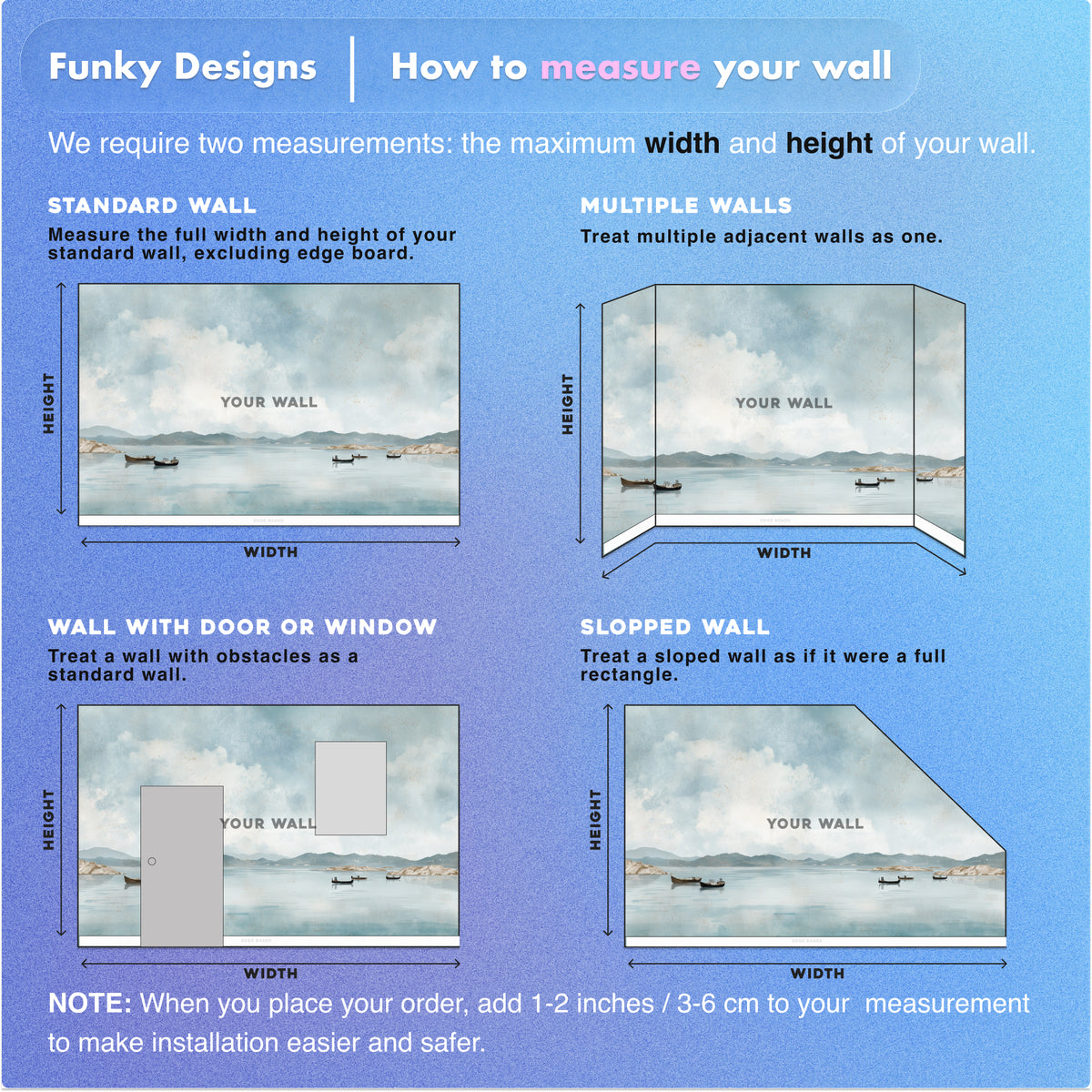 Coastal Wall Mural - Watercolor Mural | Ocean Landscape - Blue Seascape with Boats Mountains and Soft Horizon Peel and Stick Mural