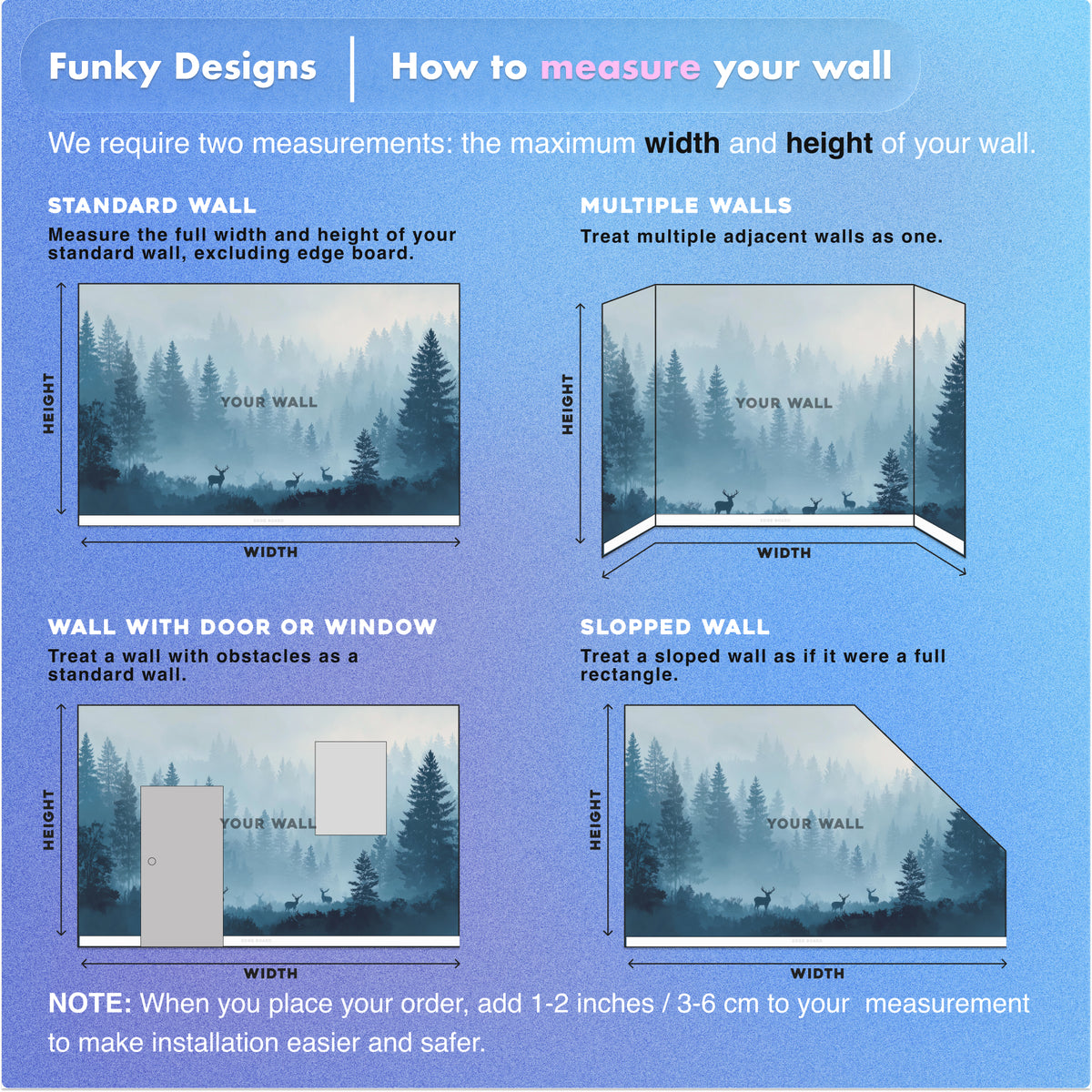Forest Wall Mural - Misty Forest Mural | Deer Wall Mural - Blue Woodland Pine Landscape with Deer Silhouettes Peel and Stick Mural