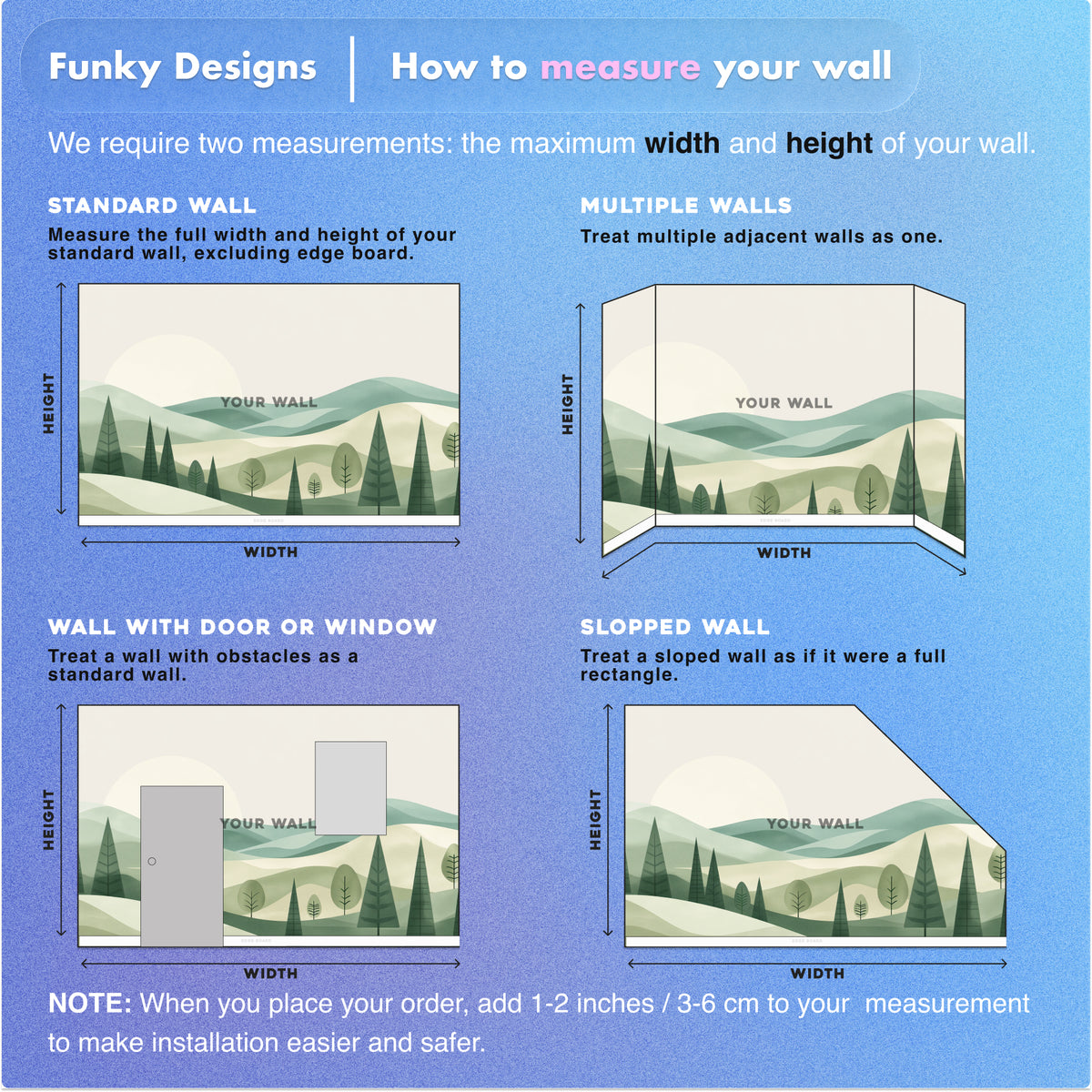 Mid Century Modern Landscape Wall Mural | Abstract Green Hills and Trees, Minimalist Nature Peel and Stick Mural, Bedroom Living Room Decor