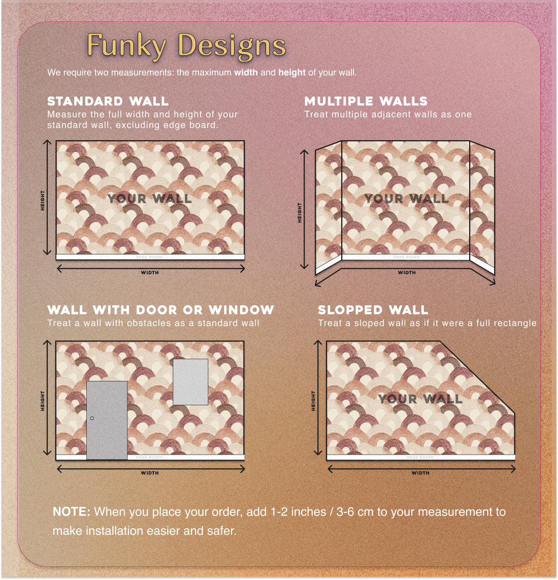 Instructions for measuring walls with funky designs on a brown background