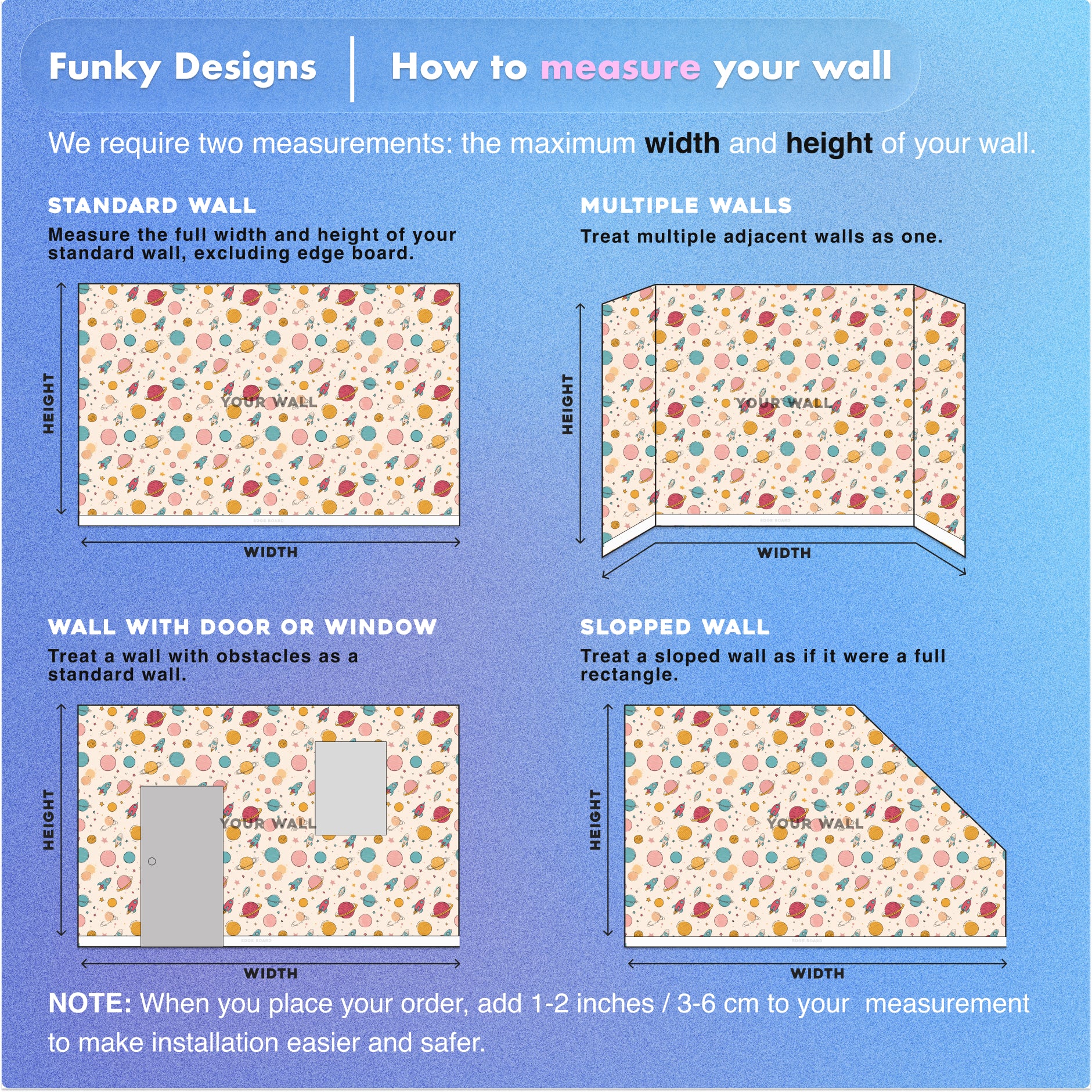 Space Adventure pattern wallpaper with planets rockets and stars in pastel colors, peel and stick removable nursery decor for