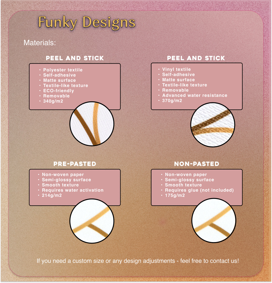 Product information sheet for 'Funky Designs' with material options and features.