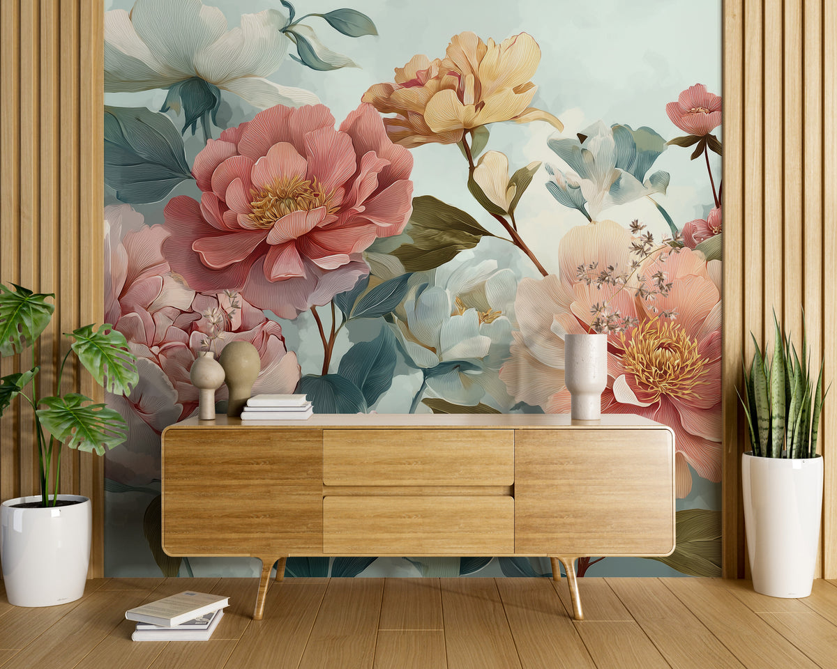 Peony Wall Mural - Pastel Floral Art | Pink Green Decor, Large Peonies, Elegant Botanicals, Peel and Stick Mural, Romantic Floral Wall Decor