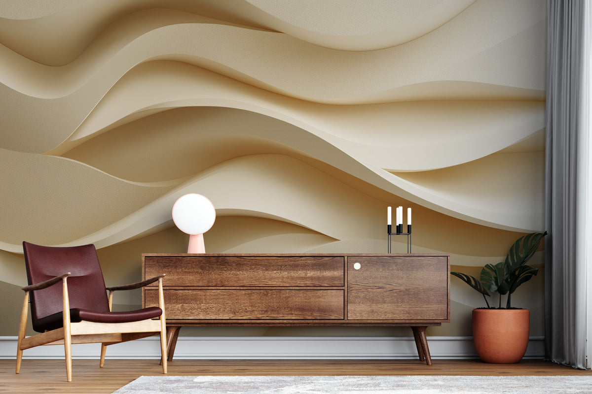 Beige Wall Mural - Abstract Wave Art | Neutral Wall Decor - Textured 3D Waves, Minimalist Organic Modern Peel and Stick Mural, Cream Decor