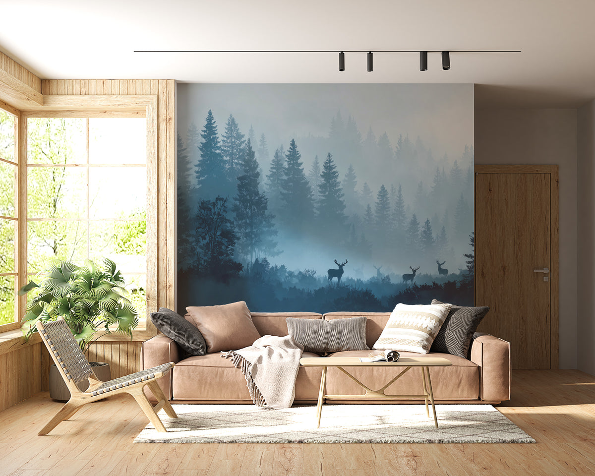 Forest Wall Mural - Misty Forest Mural | Deer Wall Mural - Blue Woodland Pine Landscape with Deer Silhouettes Peel and Stick Mural