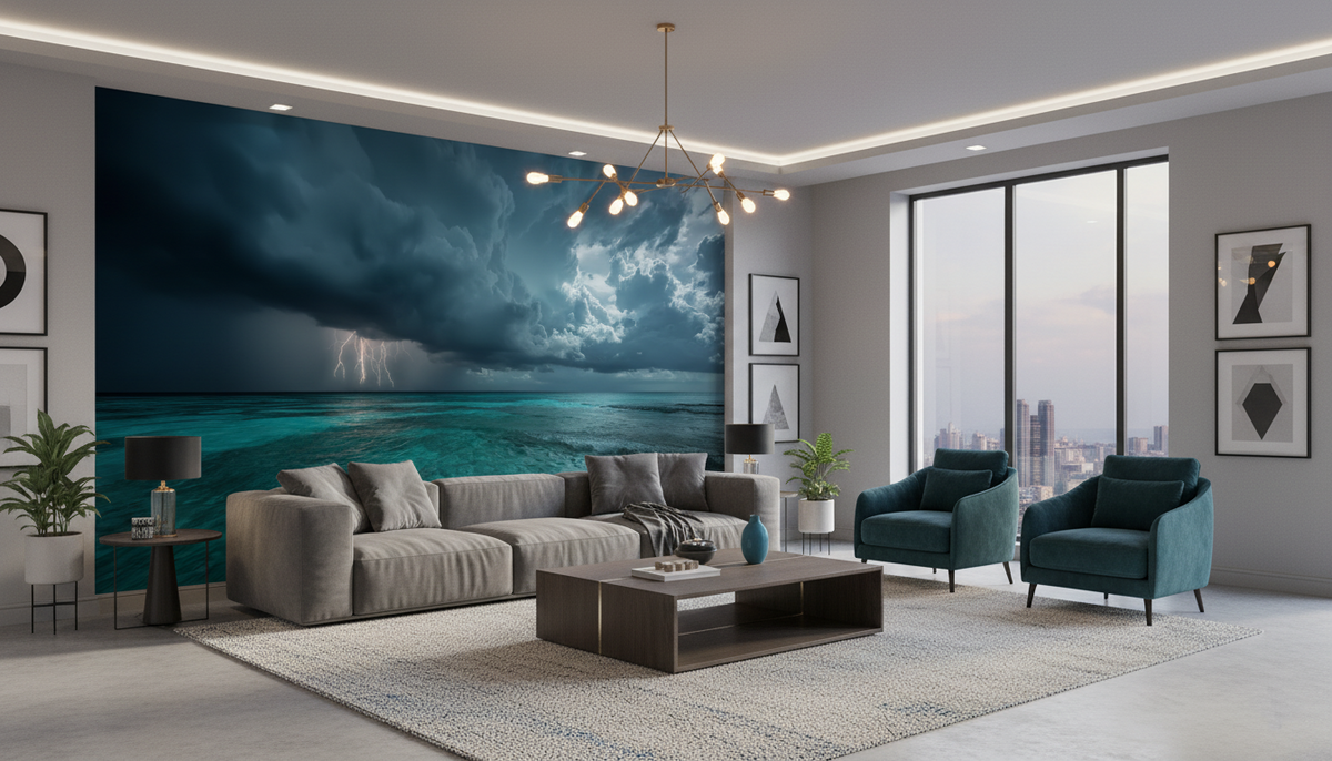 Tropical Storm Wall Mural | Lightning Over Turquoise Ocean, Moody Coastal Peel and Stick Mural, Dramatic Beach Wall Decor