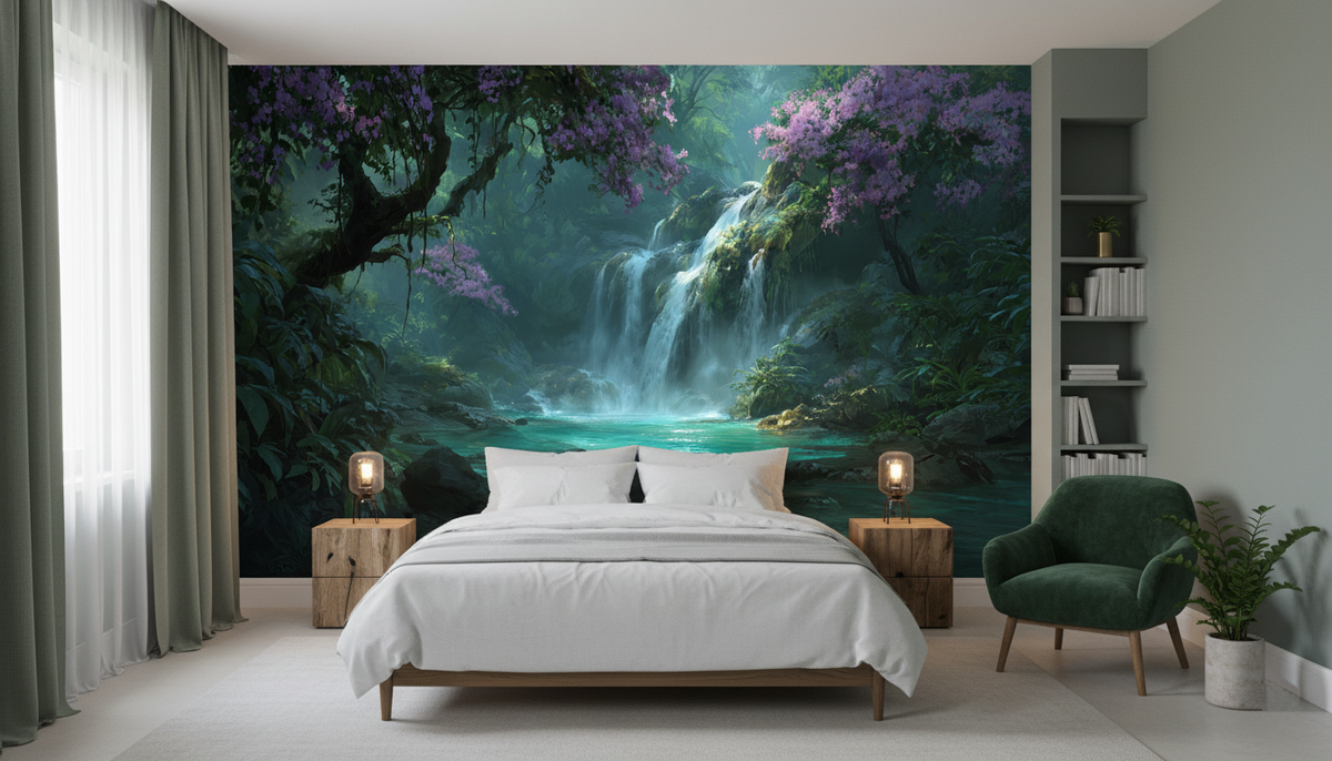 Tropical Jungle Waterfall Wall Mural | Emerald Lagoon, Purple Flowers, Moody Rainforest Peel and Stick Mural, Bedroom Bathroom Living Room Decor