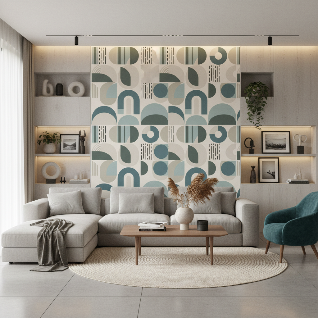 Scandinavian Geometric Wallpaper | Soft Blue Taupe Arches and Circles, Mid Century Peel and Stick Wallpaper, Minimalist Bedroom Decor