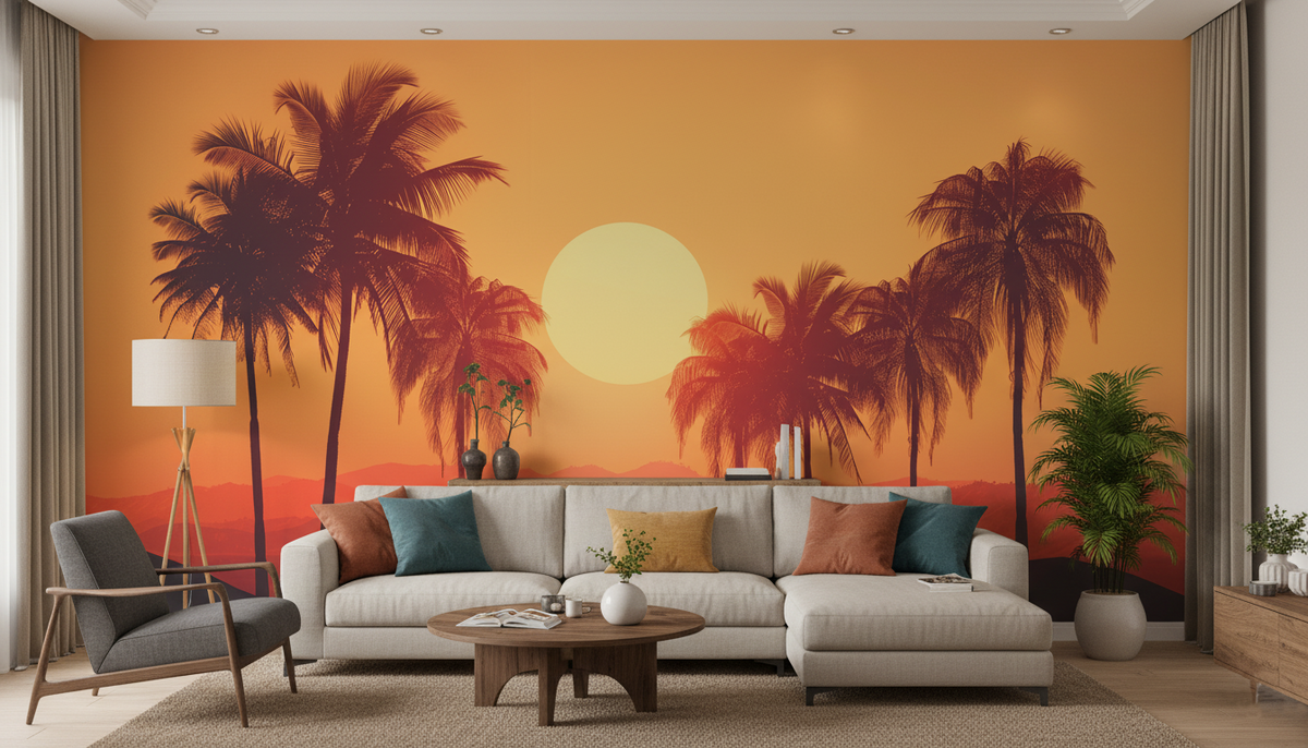 Tropical Sunset Palm Wall Mural | Retro 1960s Beach Landscape, Orange Red Palm Trees Peel and Stick Mural, Mid Century Bedroom Decor