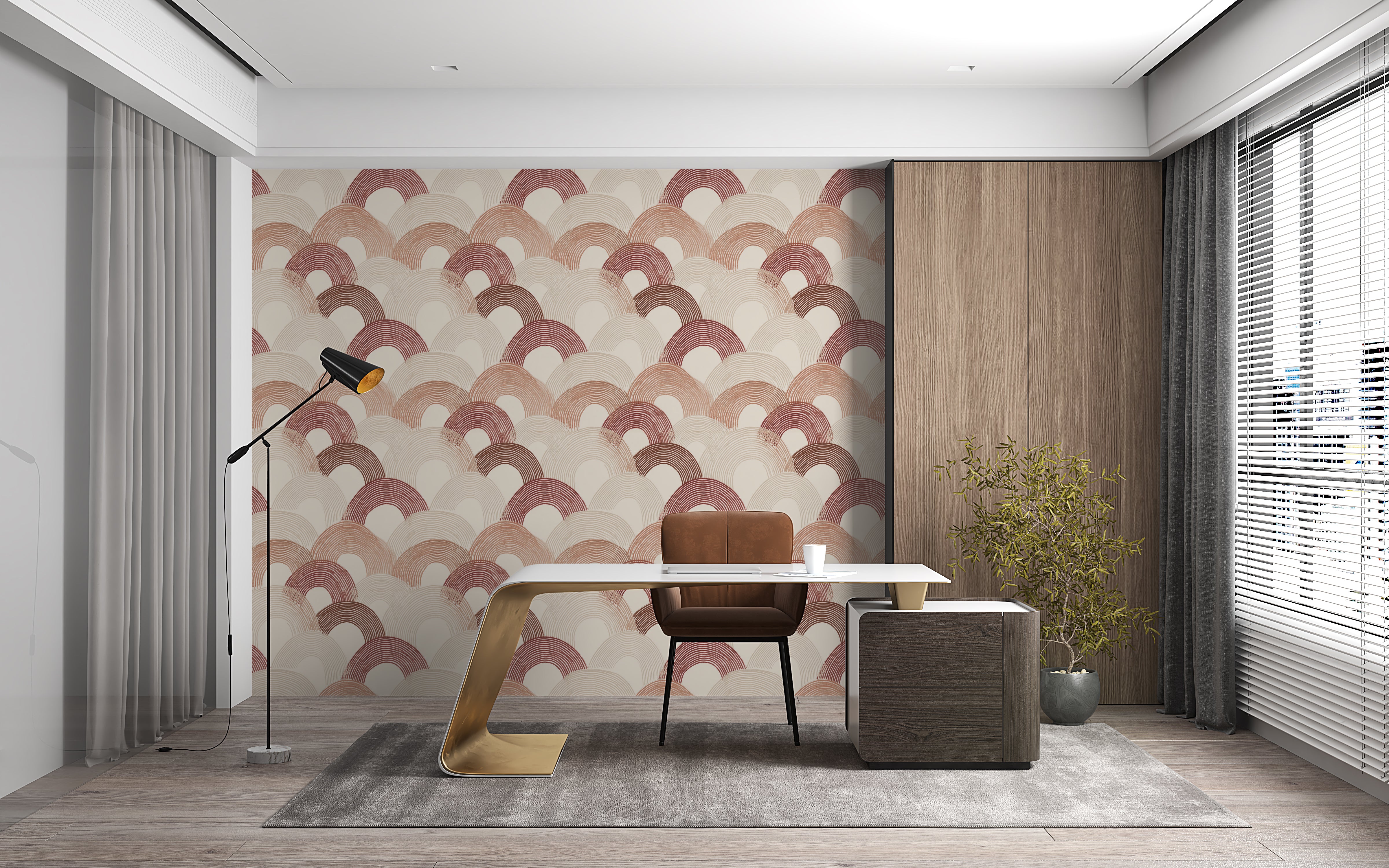 Modern office interior with a desk, chair, and decorative wall pattern.