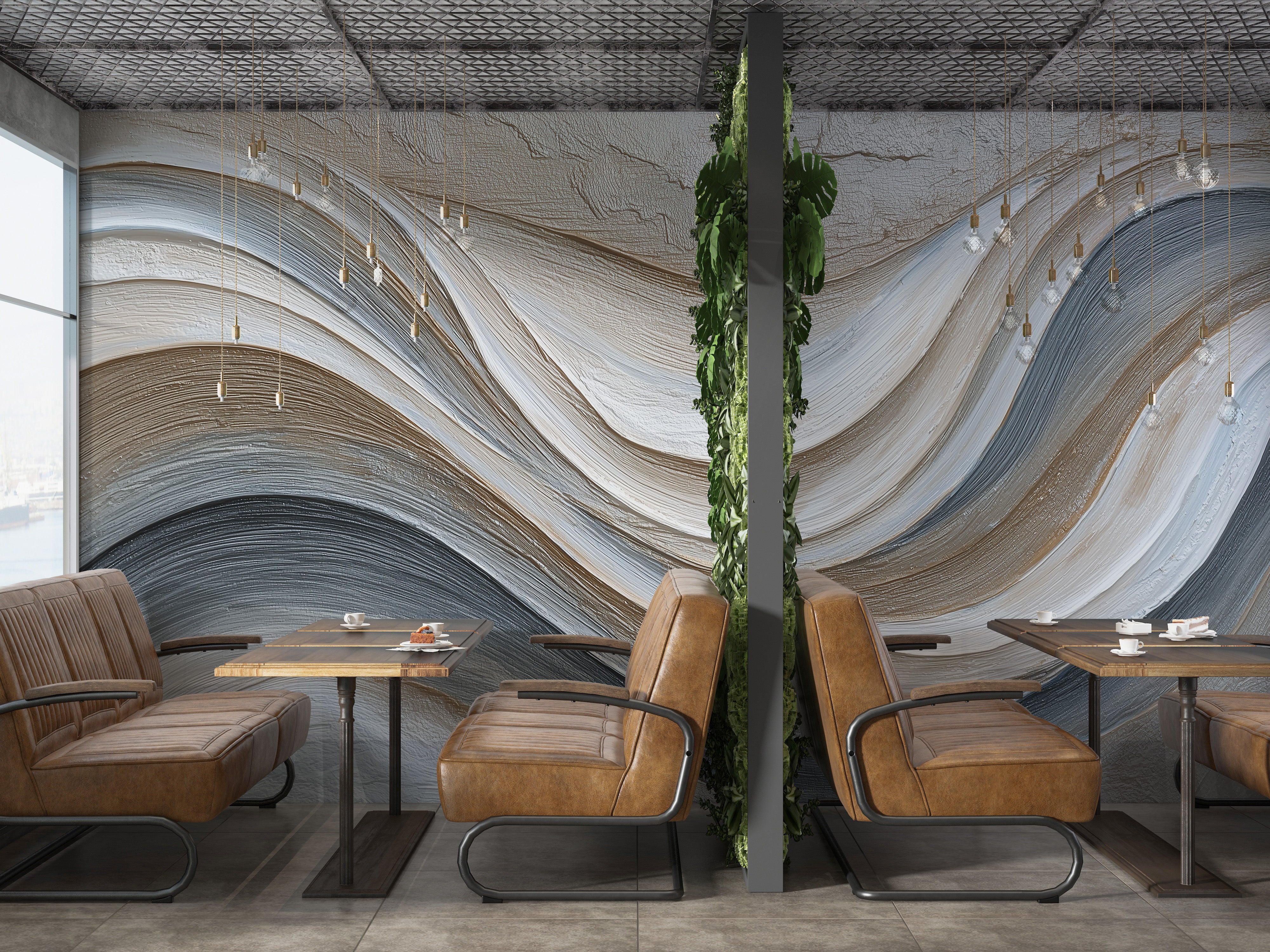 Abstract flowing waves mural in grey beige tones on a modern cafe wall with leather seating and hanging lights