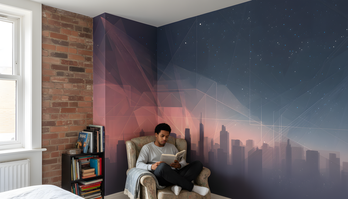 Cosmic Cityscape Wall Mural | Navy Blue Pink Futuristic Skyline, Starry Sky Neon Line Peel and Stick Mural, Modern Bedroom Office Decor