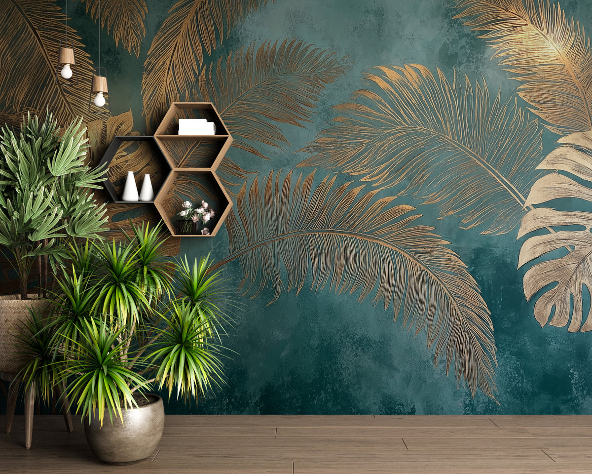 Tropical Wall Mural - Palm Leaf Mural | Gold Palm Mural - Teal Botanical Monstera and Palm Leaves Peel and Stick Mural